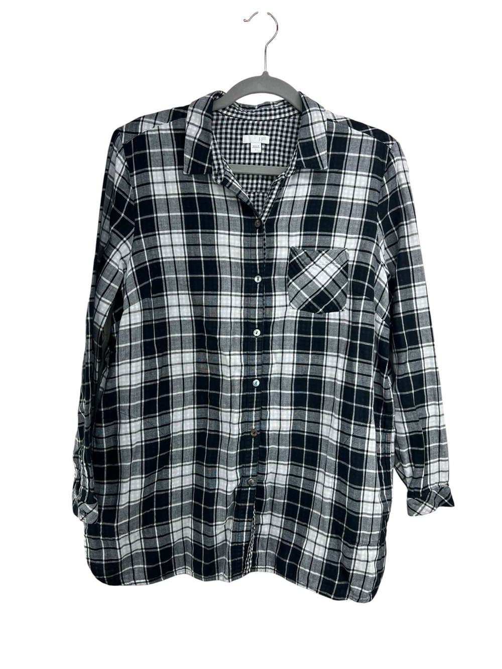 J. Jill Black White Plaid Long Sleeve Button Down Tunic Contrast Plaid Lined Lg